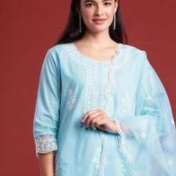 Anouk Floral Embroidered Thread Work Pure Cotton Kurta with Trousers & With Dupatta-13