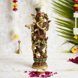 eCraftIndia Colorful Lord Krishna Playing Flute Handcrafted Brass Idol with Stone Work - 13.77 Inch Height-image-34