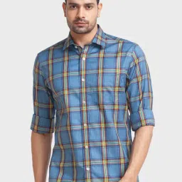 ColorPlus Blue Cotton Tailored Fit Checks Shirt-34