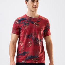 Spykar Red Cotton Slim Print T-Shirt-20