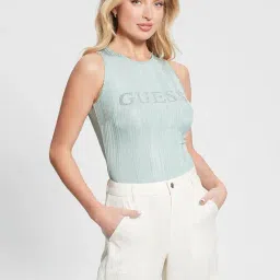Guess Green Stripes Sleeveless Tops-image-90