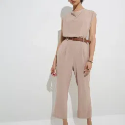 Wardrobe by Westside Beige Self-Textured Jumpsuit with Belt-picture-11