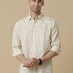 Linen Club Yellow Linen Contemporary Fit Printed Shirt-image-84