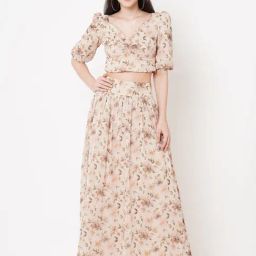 MISH Beige Printed Crop Top With Maxi Skirt-picture-2