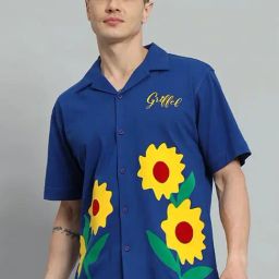 Griffel Blue Cotton Loose Fit Printed Shirt-image-27