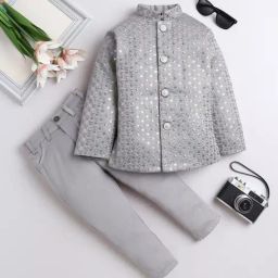 Fourfolds Boys Grey Regular Fit Embellished Indowestern Sets-17