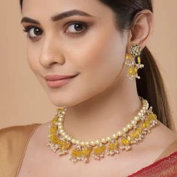 Dugran By Dugristyle Yellow & Green Necklace with Earring Set with Kundan & Pearls for Women-image-8