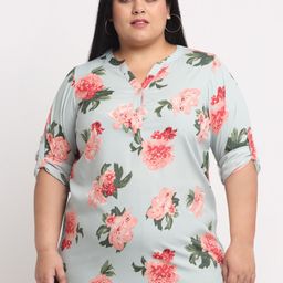 plusS Women Sea Green & Red Floral Print Mandarin Collar Roll-Up Sleeves Top-11