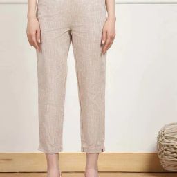 Biba Beige Cotton Narrow Striped Trousers-image-78