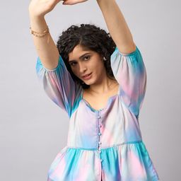 The Roadster Lifestyle Co. Blue Abstract Printed Puff Sleeves Square Neck Top-picture-12