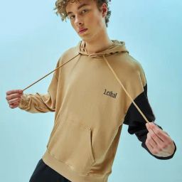 Bewakoof Light Brown Relaxed Fit Graphic Print Oversized Hooded Sweatshirt-image-41