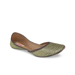 Fulkari Women Gold-Toned Woven Design Leather Mojaris-image-72