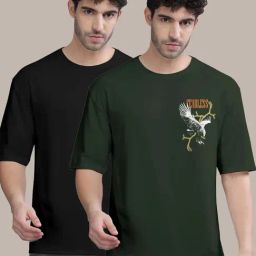 Bullmer Black & Olive Cotton Oversized Fit Printed T-Shirt - Pack Of 2-picture-33