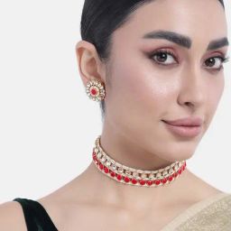 Peora Gold-Plated Red Kundan Studded Choker Necklace & Stud Earrings Set-image-47