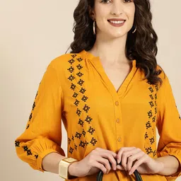 all about you Mustard Yellow & Black  Embroidered V Neck  Top-picture-3