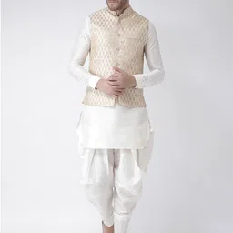 DEYANN Men Off-White & Gold Solid Kurta with Patiala & Nehru Jacket-picture-24