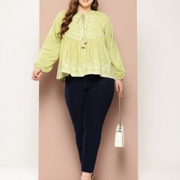 Sztori Plus Size Embroidered Tie-Up Neck Cotton Top-image-23