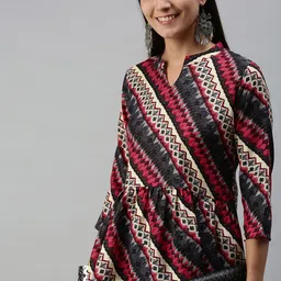 SheWill Red & Black Mandarin Collar Regular Top-image-17
