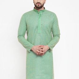 Jompers Men Sea Green Woven Design Straight Kurta-7