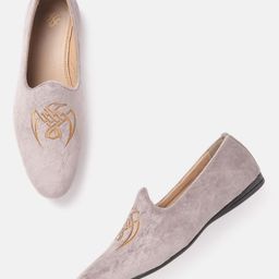 House of Pataudi Men Mauve & Beige Embroidered Handcrafted Slip-Ons-image-94