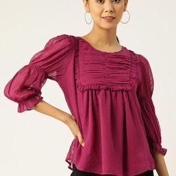 Antheaa Solid Purple Gathered Puff Sleeves Chiffon Top-image-59