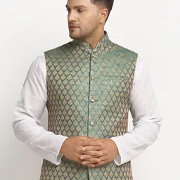 TREEMODA Men Blue & Gold Coloured Embellished Woven Nehru Jacket-image-70