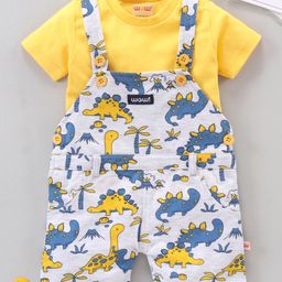 Wow Clothes Dungaree With Half Sleeves Inner Tee Dinosaur Print - Yellow-54