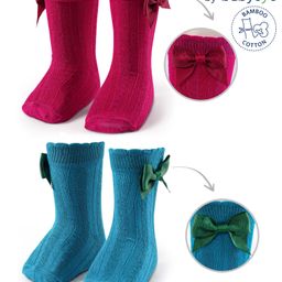 Babyoye 100% Cotton Eco Conscious Regular Length Solid Socks With Bow Applique Pack of 2 - Pink & Blue-image-109