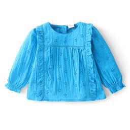 Babyhug 100% Cotton Full Sleeves Shiffli Top with Frill Detailing - Blue-image-91