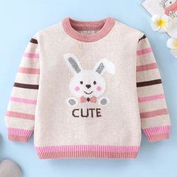 ToffyHouse 100% Flatknitted Cotton Full Sleeves Pullover Bunny Design - White Melange-image-89