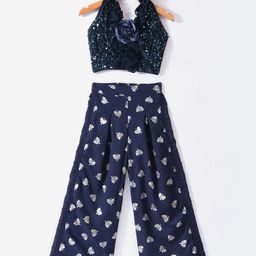 Twisha Sleeveless Flower Applique & Sequin Embellished Top With Butterfly Foil Printed Palazzo - Navy Blue-image-31