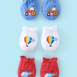 Babyhug 100% Cotton Knit Mittens Car Print Pack Of 3 - Multicolor-image-49