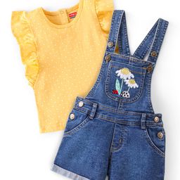 Babyhug 100% Cotton Woven Single Jersey Dungaree & Half Sleeves T-Shirt Set Floral Embroidery - Yellow & Blue-picture-26
