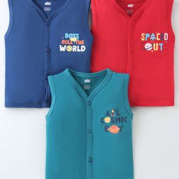 Simply Interlock Sleeveless Text Printed Set of Vests Pack of 3 - Royal Blue Red & Green-12