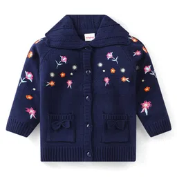 Babyhug Knitted Full Sleeves Sweater with Floral Embroidery - Navy Blue-picture-3