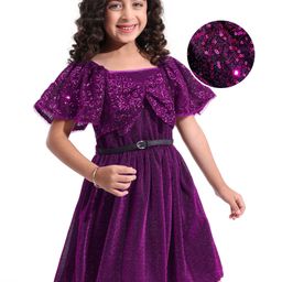 Hola Bonita Half Flare Sleeves Frock With Glitter & Sequin Bow - Fuchsia-image-47