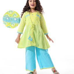 Earthy Touch Cotton Woven Three Fourth Sleeves Printed Indo Western Set - Green & Blue-image-2