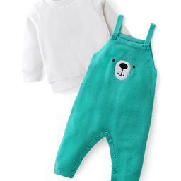 Babyhug  Knit Bear Print Dungaree with Full Sleeves Solid T-Shirt - Green-image-80