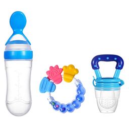 Joy Buzz Baby Silicone 90 ml Spoon Feeder Rattle Teether & Fruit Nibbler Combo Pack Of 3 - Blue-2