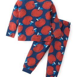 Babyhug Cotton Knit Full Sleeves Night Suit With Apples Print - Red & Navy-image-93