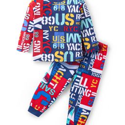 Babyhug Cotton Knit Full Sleeves Night Suit with Text Print - Multicolor-image-0