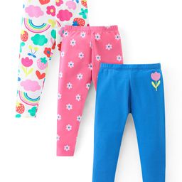 Babyhug Cotton Lycra Knit Full Length Stretchable Leggings with Floral Print Pack of 3 - Multicolour-image-70