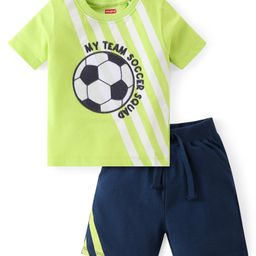 Babyhug Cotton Knit Half Sleeves T-Shirt & Shorts Set With Soccer Ball Embroidery - Green & Blue-image-72