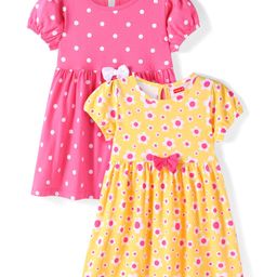 Babyhug Single Jersey Knit Half Sleeves Frocks With Bow Applique & Floral Print Pack Of 2 - Pink & Yellow-image-98