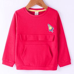 Olio Kids Cotton Knit Full Sleeves Winter T-Shirt with Kangaroo Pocket & Ice Cream Patch - Dark Pink-image-31