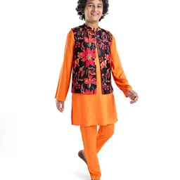 Pine Kids Woven Full Sleeves Solid Colour Kurta Pyjama Set with Floral Print Jacket - Orange-picture-44