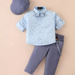 Robo Fry Cotton Knit Full Sleeves Printed Shirt & Trouser Set with Bow Hat & Suspender - Light Blue-image-23