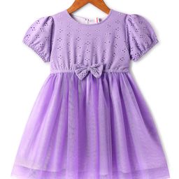Babyhug Mesh Woven Puffed Sleeves Frock with Bow Applique - Purple-image-28