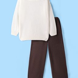 Pine Kids Knitted Full Sleeves Pullover Sweater & Pant Set with Solid Color - Brown & White-picture-8
