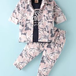 Rikidoos Full Sleeves Abstract Printed Shirt With Tee & Coordinating Pant Set - Pink & Navy Blue-image-100